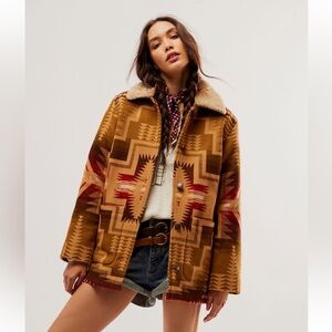 Pendleton Brown Tan Aztec Pattern Wool Jacket with Shearling Collar